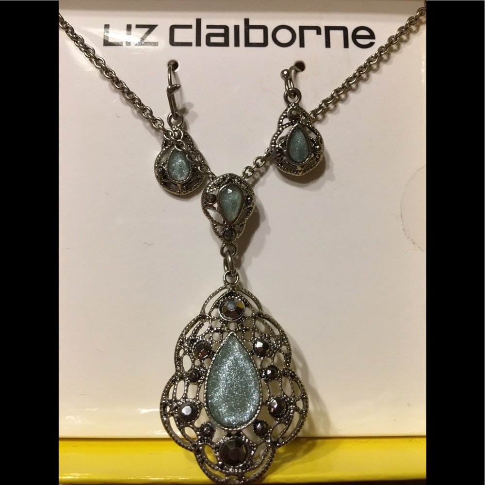 Blue Silver Tone Pendant Necklace & Earring Set